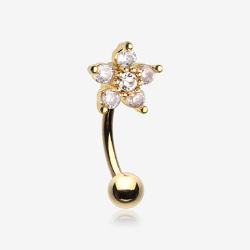 Golden Glistening Flower Sparkle Curved Barbell-Clear Gem